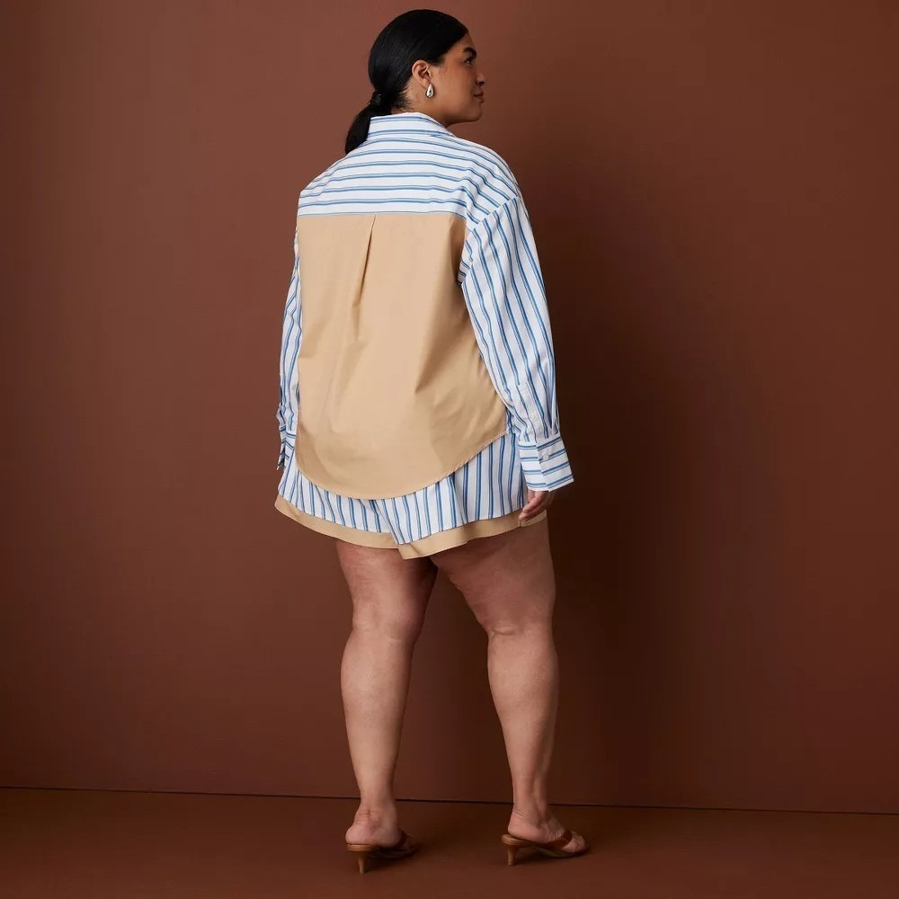 Rosie Assoulin Target L Large LS Oversized Poplin Button-Down Striped Shirt Blue - Picture 9 of 11
